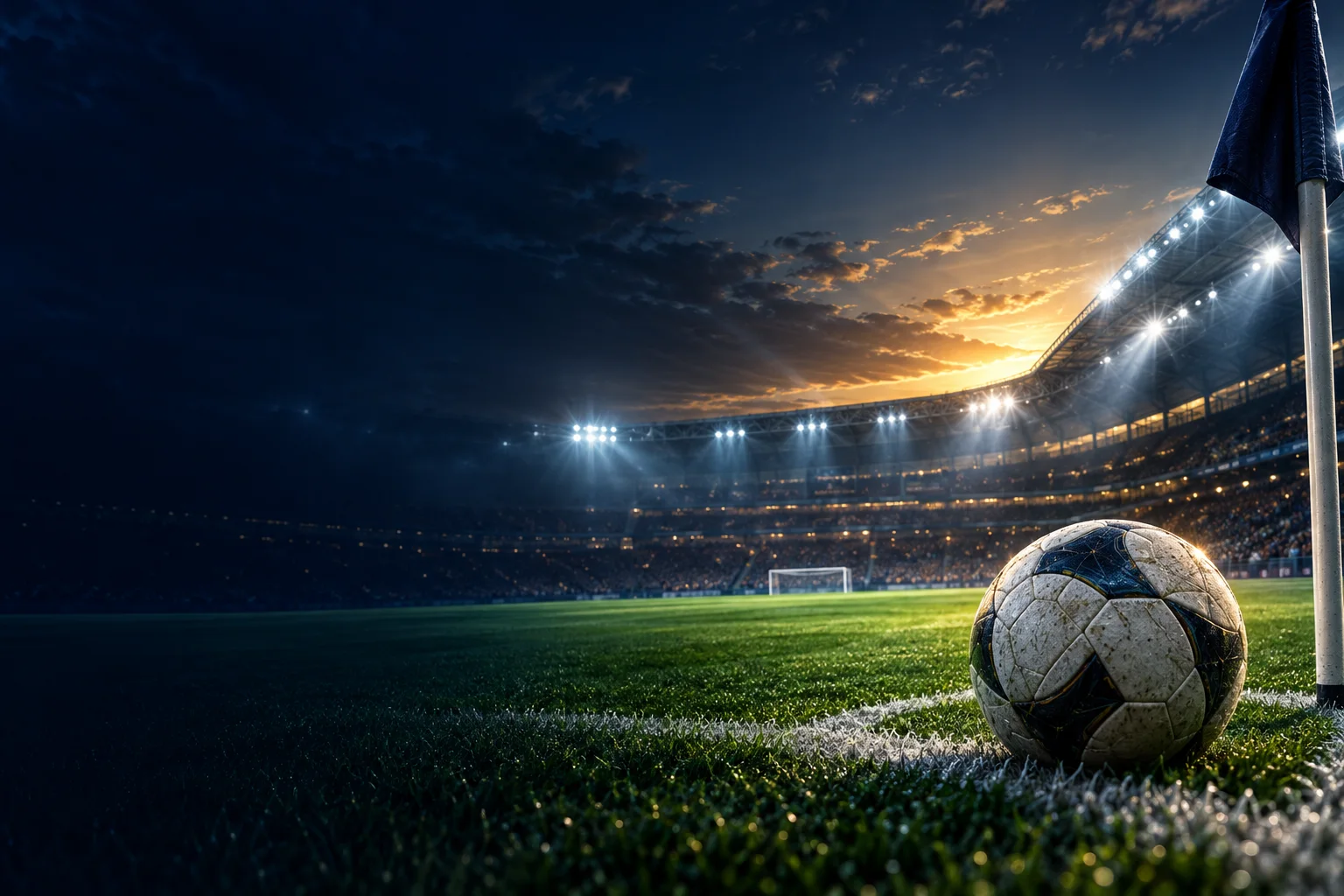 Original illustration of a football beside a floodlit green pitch